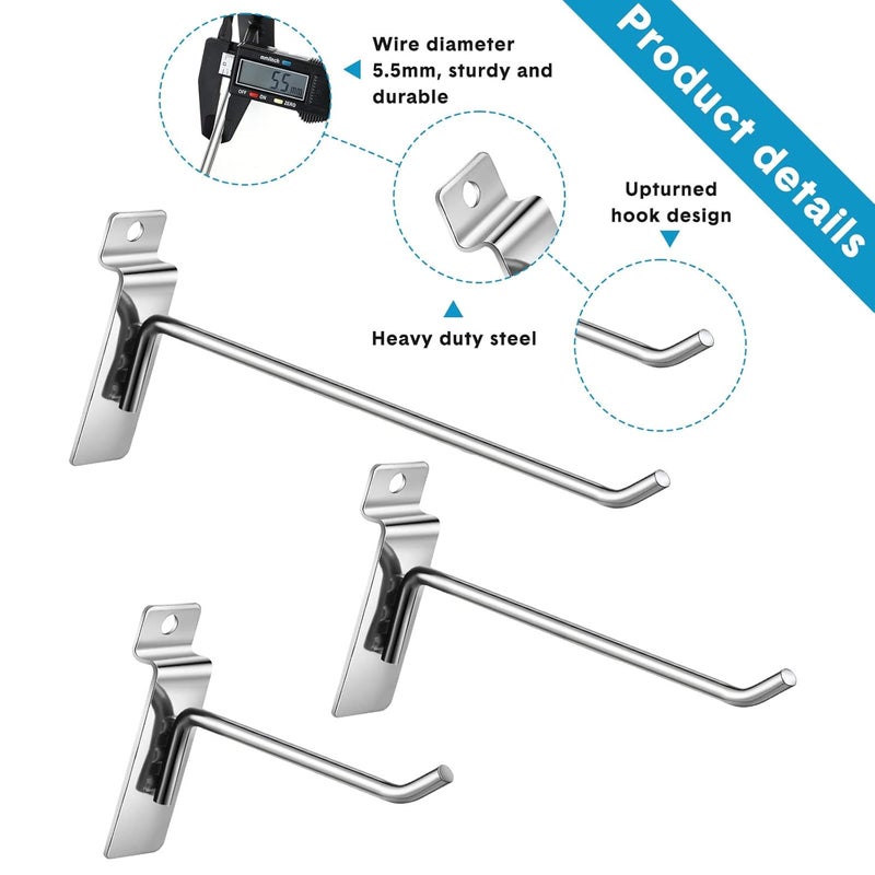 Ferraycle 24 Pack Slatwall Hooks 4/6/8 Inch Heavy Duty Slat Wall Hanging Hook and Hanger Slatwall Panel Accessories Assortment Display Hooks for Garages, Sheds, Basements, Shop, Retail Stores(Silver) - Image 3